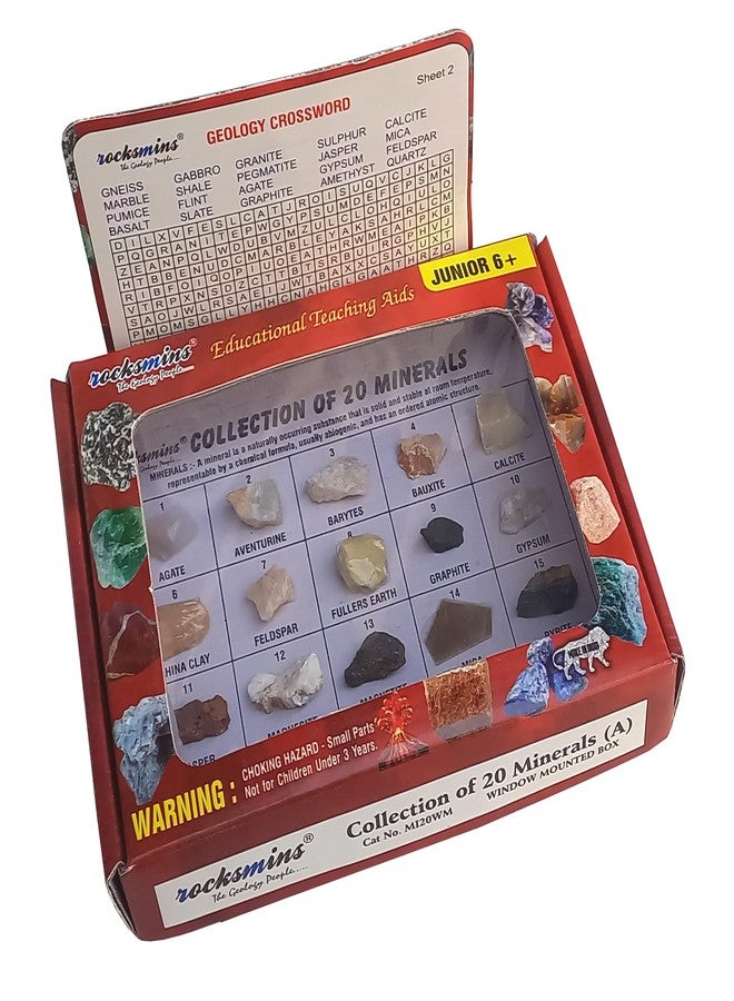 ROCKSMINS Collection Set of 20 Minerals School Education Mineral Samples Activity Geology Earth Science Stones Mineral Memory Great Educational STEM Toys for Kids Free Geology Crossword Activity Card - Image 1